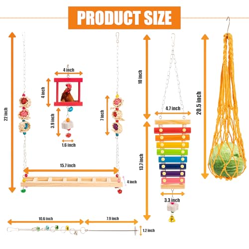 9 PCS Chicken Coop Toys, Chicken Swing Toys for Chickens Xylophone Mirror with Bell Hanging Vegetable Fruits Skewers Feeders Chick Coop Toy for Hen Birds Parrots