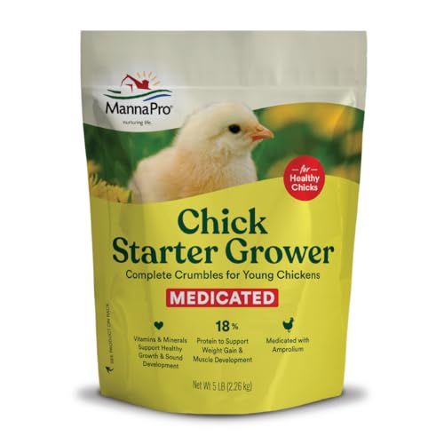 Manna Pro Medicated Chick Starter Grower Feed, Amprolium & Protein, 5 lb | Complete Chick Feed Crumbles, Amprolium for Coccidiosis Prevention, High Protein Nutrition for Growing Chicks, Made in USA - size: 5 Pound (Pack of 1)
