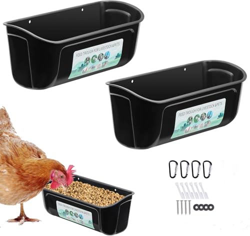 2 Pack Chicken Duck Dog Feeder, Poultry Feeders and Waterers, Hanging Goat Feeder, Livestock Feeding Container, Feed Trough and Waterer Bucket with Clips (Black) - color: Black