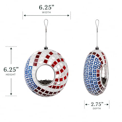 Backyard Expressions Hanging Glass Bird Feeder - Patriotic - Fly Through Bird Feeders for Outside, Mosaic Bird Feeder, Round Shape Wild Birdfeeder - color: Red, White & Blue