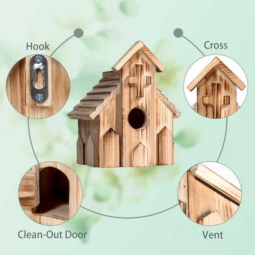 Church Birdhouse for Outside, Wooden Hanging Bird Houses, Weather-Resistant Garden Decor for Bluebird,Sparrow,Finch,Cardinal, Outdoor Bird Nest Box with Predator-Proof Entrance Hole