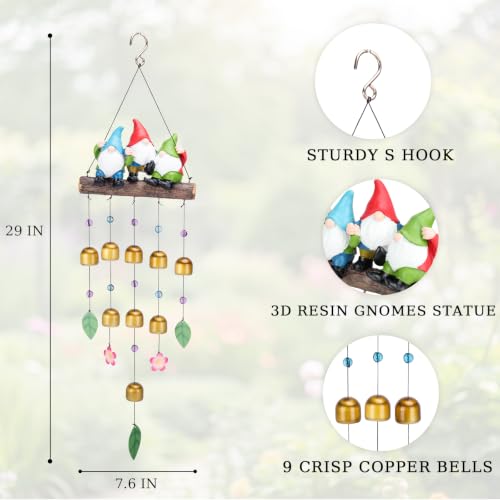 Gnome Wind Chime for Outside, Resin Wind Bells for Garden Decor | 29" Wind Chimes Outdoor with 3 Resin Gnome Statues and 8 Metal Bells, Soothing Tone Wind Bell Chimes, Housewarming Gifts - size: Gnomes