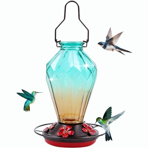 Glass Hummingbird Feeder for Outdoors Hanging, 25Oz Humming Bird Nectar Feeder, Perch, 5 Flower Feeding Ports, Leak Proof Base, Hook for Outside Garden Backyard, Gift for Women, Diamond Green - color: Diamond Green