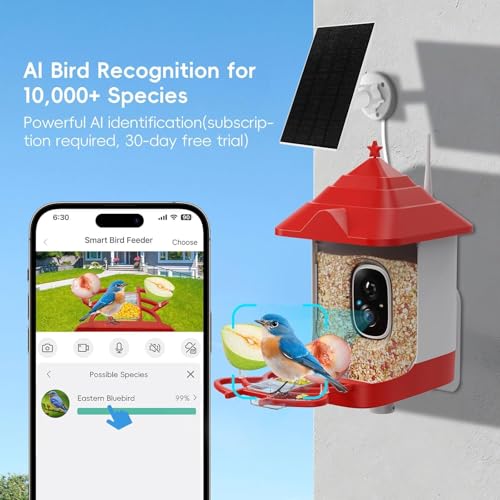 Smart Bird Feeder with Camera, Solar Panel & 5200mAh Battery, 4K HD Video, AI Identification, Instant Arrival Alerts & Alarm, IP65 Weatherproof, 32GB Card, 2L Capacity, for Bird Lover - color: Red