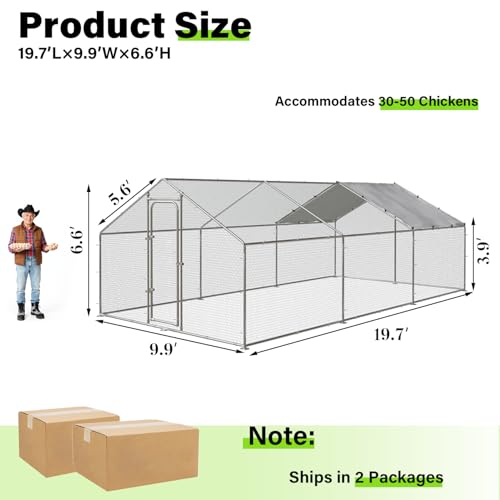 LEMBERI 20x10 FT Extra Large Metal Chicken Coop, Walk-in Run | Poultry run pen with waterproof and anti-ultraviolet cove, outdoor cage for hens & rabbits, for backyard and farm - size: 236.16"L x 118.1"W x 76.8"H