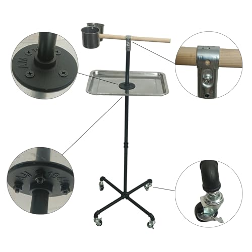 Stainless Steel Tray Bowls Bird Perch Stand,with Wheels Parrot Stand,Parrot Perch Stand 2 Stainless Steel Cups,Bird Play Stand for Indoor Outdoor(Black