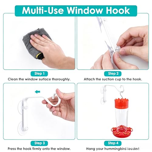4 Pcs Heavy-Duty Window Suction Cup with Hanger, Window Mounted Wildlife, Hummingbird, Bird Feeders, Decorative Birdhouses, Wind Chimes & Plants, Strong Load-Bearing Hanging Hook（White）