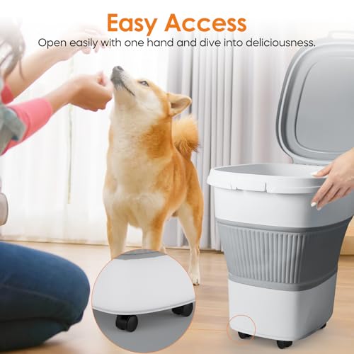 28-30lbs Collapsible Dog Food Storage Container,Airtight Dog Food Container | Pet Food Storage Container with Double Seal Lid,Wheels,Multifunctional for Dog,Cat,Rice,Flour,Scoop &Small Container - color: Grey-30lbs
