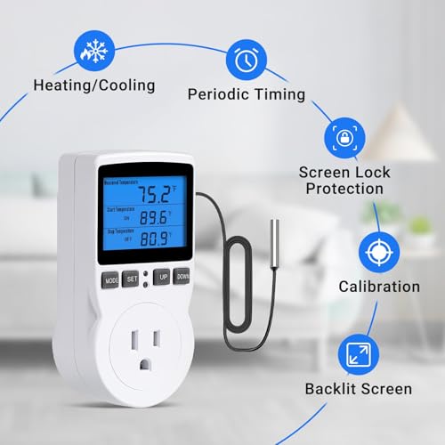 INKBIRDPLUS Plug in Thermostat Temperature Controlled Outlet Digital Thermostat Outlet Heating Cooling Control Timer 1800W 110V 15A Backlit Display (TC/Timer) - style: Temp