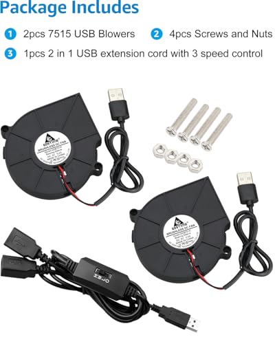 GDSTIME 75mm x 15mm 5V USB Blower Fan with 3 Speed Control, 2-Pack | 7515, Brushless DC 5 Volt Fans, Turbine Turbo Cooling Fan, for Helmet, Laptop, 3D Printer, Muti-speed Controller Included - size: 75x15mm
