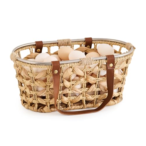 Egg Baskets for Collecting Fresh Eggs Farmhouse Handmade Wicker Hyacinth Egg Collecting Basket with Handle - color: Oval-Water Hyacinth