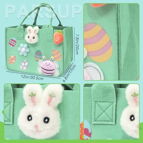 PARSUP 2PCS Happy Easter Egg Hunt Bunny Gift Treat Bags with Handles, Felt Easter Bags for Gifts Wrapping, Egg Hunt Game, Party Supplies, 12" x7.8" x6.8"(Pink + Green)