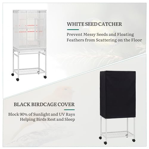 DWVO 53.9-Inch Metal Bird Cage: Large Parrot Cages with Seed Catcher & Cover - Rolling Stand with Brakes for Parakeets, Lovebirds, Cockatiels, Finches and Pigeons - color: White, size: 24.0"L x 16.9"W x 53.9"H