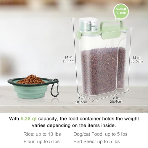 5 Lbs Pet Dog Food Storage Container for Travel Bird Seed Dispenser - Green | Portable Cat Food Containers with Collapsible Bowl 10 Lbs Rice Bin Airtight Cereal Oatmeal Flour Holder with Large Pour Spout - color: Pale Green-5L