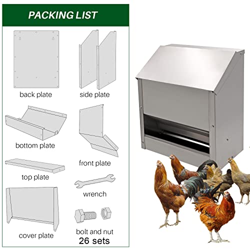 Galvanized Steel Chicken Feeders No Waste Poultry Food Dispenser | 25 Lbs Weatherproof Wall Mount Poultry Feeder with Lid, No Assembly Required, for Chickens, Ducks, Geese and Turkeys