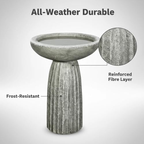 SunJet Modern Bird Bath, 24.4inches Height Fibre-Reinforced Concrete Birdbath with Textured Pedestal for Outdoor Garden, Yard, Lawn Decor - color: Silver Gray, size: 24.4inches