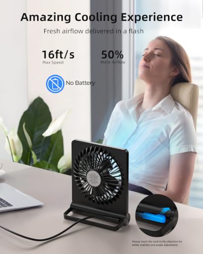 Koonie USB Desk Fan, Strong Wind Ultra Quiet Small Mini Fan | 220° Tilt Folding & 3 Speeds Adjustable, USB-C Powered Personal Fan for Home Office Desktop, Black, NO BATTERY - color: black, size: 5.7 inch