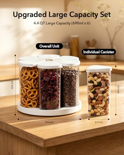 Rotating Food Storage Containers Set of 6, 23oz (690ml) Clear PET Jars with Dual Pour Lids, 360° Lazy Susan Pantry Organizer for Snacks, Cereal, Nuts, Oats & Dry Foods, Kitchen Grain Dispenser - color: 690ML*6