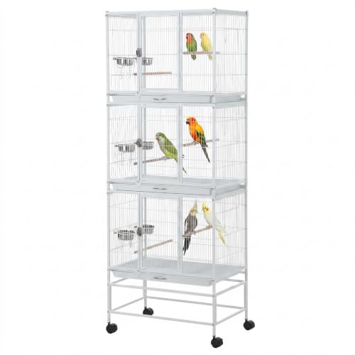 TrailBlaze Heavy Duty Large Bird Cage - 74 Inch Stackable Aviary with 3 Dividable Compartments, Removable Trays, Spacious Flight Enclosure for Parakeets, Cockatiels, Conures, Finches, Easy Clean - color: White