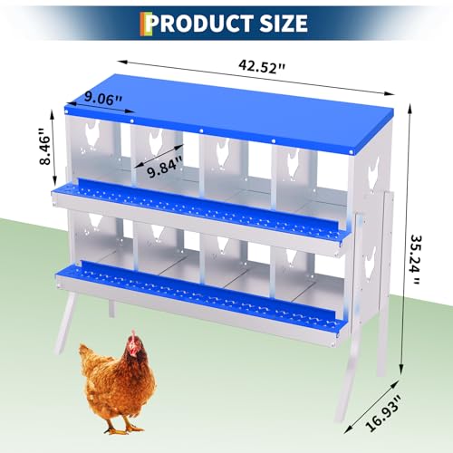 Chicken Nesting Box, 8 Compartment Galvanized Steel Chicken Laying Boxes, Heavy Duty Rustproof Chicken Coop with Easy Egg Collection for Backyard Farms - with Bracket Legs, Blue - color: Blue, size: 8 compartments, with bracket