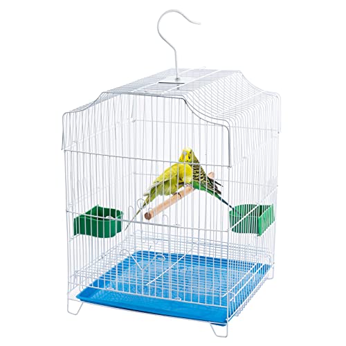 Small Bird Cage, Starter Kit with 2 Feeding Cups, Perch and Removable Tray | Lightweight with handle and hooks for travel, outings and vet visits with parakeets, canaries, lovebirds and finches. - size: White 13"L x 11.8"W x 17.7"H