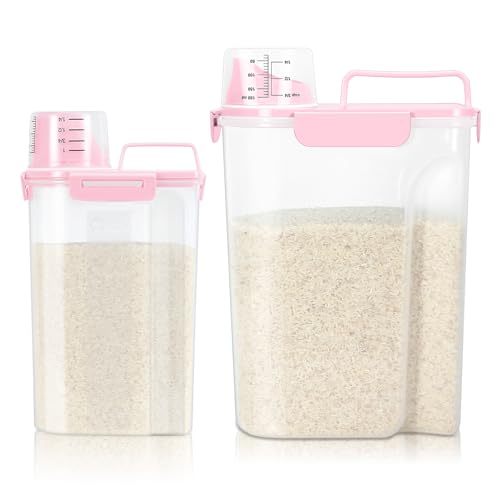 TBMax 2 Pack Airtight Rice Container 5 Lbs +10 Lbs, Cereal Container Oatmeal Storage with Easy-pouring Spout & Handy Cup for Flour Grain Beans, Pet Dog Cat Bird Food Storage Dispenser -Pink - color: Pink 3+6Qt