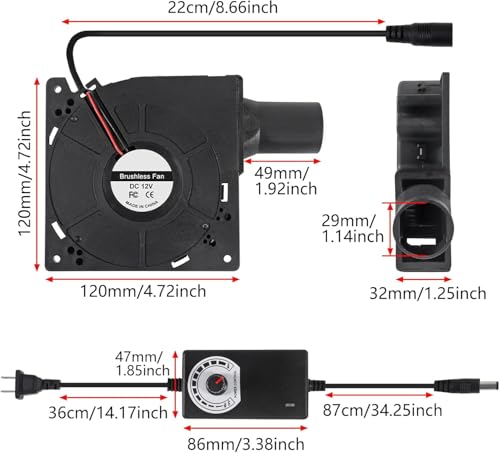120mm x 32mm Dual Ball Blower Fan 12V with 110v - 240v AC Plug Variable Speed Controller - High Velocity Squirrel Cage Fans for DIY Cooling Projects, BBQ, Drum Smoker