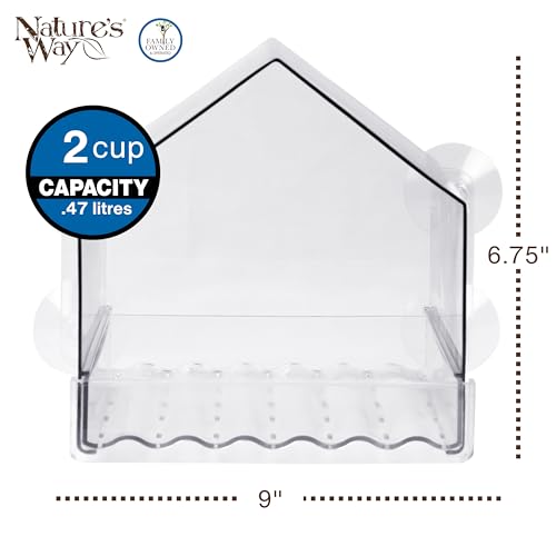 Nature's Way Win-3 Clear View Window Bird Feeder with Strong Suction Cups, Transparent Outdoor Wild Bird Seed Feeder and Décor, 2 Cup Capacity, Clear, 6.5"