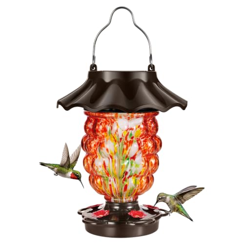 LUJII Solar Hummingbird Feeder for Outdoor Hanging, RGB Illuminated Hand-Blown Glass Lantern, 35 fl.oz, Leak-Free & Rust-Resistant, Metal Cap with 5 Feeding Ports, Pineapple Design, Red - color: Red