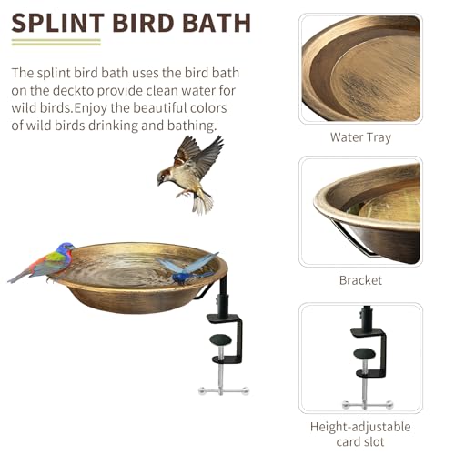 WANGIRO 11.4" Deck Mounted Bird Bath Metal Detachable Bowl Antique Bronze | Sturdy Clamp Easy Install, Detachable Bowl Easy Clean, Attracts Birds, Ideal Gift for Nature Lovers Garden Patio Decor