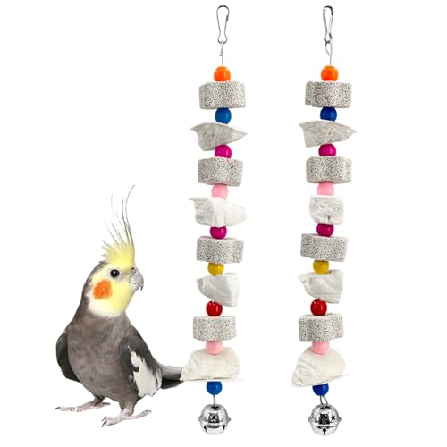 Parakeet Toys 2 Pack with Cuttlebone and Bell | Natural beak grinding stone, calcium supplement for bone health, for budgies, cockatiels, lovebirds, small to medium birds.