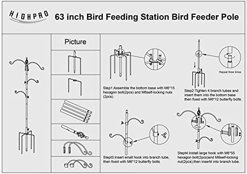 Bird Feeding Station Feeder Pole - Multi Hook 63 inches Stand for Watching Attracting Wild Bird Outdoor Hanging Pole by Highpro, 5-Prong Anchor Base - size: 63 Inch
