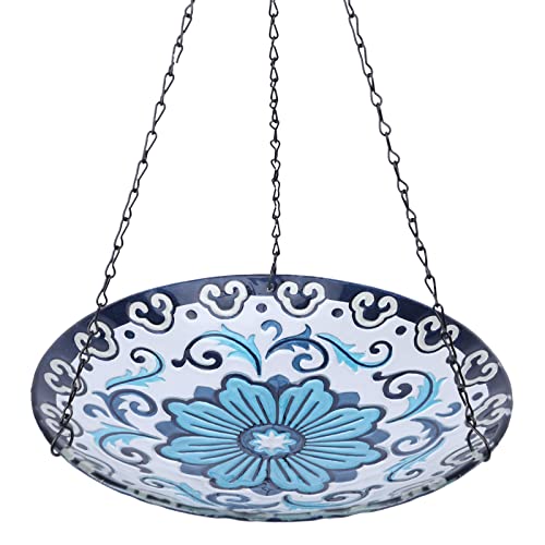 Hanging Bird Bath Outdoor Glass Flower Birdfeeders Garden Yard Decor | 12 Inch Hanging Bird Bath for Outside, Flower Glass Bird Water Bowl Bird Feeder for Garden, Lawn and Yard Decor - color: blue and white porcelain