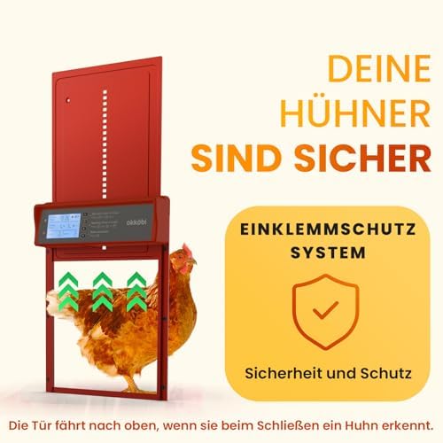 Okkobi Automatic Chicken Coop Door Solar Powered - LCD Display - Chicken Coop Door with Remote Control, Light Sensor & Timer - Security & Peace of Mind: Anti-Pinch Function - 5-Year Protection - Red - color: Red