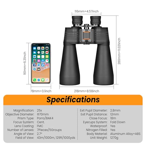 ESSLNB 25x70 Astronomy Binoculars Giant for Adults, Outdoor Waterproof Binoculars for Travel Stargazing Bird Watching Hunting with Built-in Tripod Adapter and Carrying Bag - size: Medium