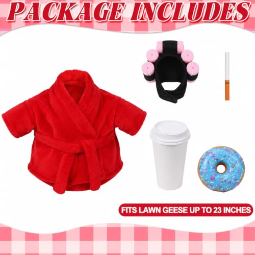Old Lady Porch Goose Outfits 23 in Bathrobe Lawn Goose Costume Set Red | 23 Inch, for Porch Goose Cement or Plastic Statue, with Curlers Hat Coffee Cup Donut, Lawn Yard Garden Patio Decor - style: Bathrobe Red