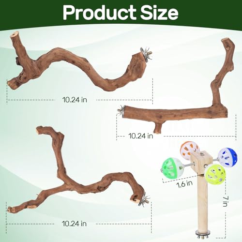 4-Piece Bird Perch Set with Rotating Ball Stand - Natural Wood Bird Gym & Playground for Parrots, Cockatiels, Budgies - size: 4Piece