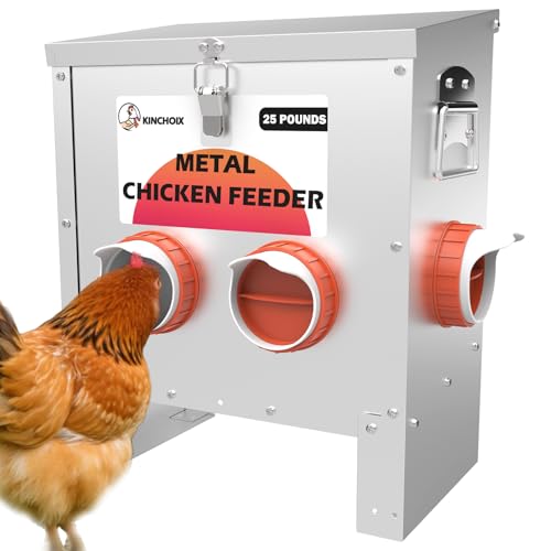 Metal Chicken Feeder Large Capacity 25lbs Automatic Metal Chicken Feeders No Waster Weatherproof Poultry Feeder for Chickens, Geese, Ducks, Turkeys (4-Port) - style: 25lb Feeder with 4 Ports