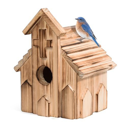 Church Birdhouse for Outside, Wooden Hanging Bird Houses, Weather-Resistant Garden Decor for Bluebird,Sparrow,Finch,Cardinal, Outdoor Bird Nest Box with Predator-Proof Entrance Hole