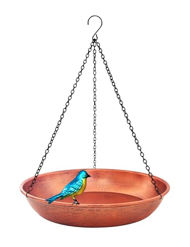 Hanging Bird Bath for Outdoor, 11 Inch Dia Antique Copper Metal Bird Feeder Birdbath Bowl Mounted Black Chain Metal Yard Art Garden Decor 0.5 Gallon - color: Antique Copper Finish