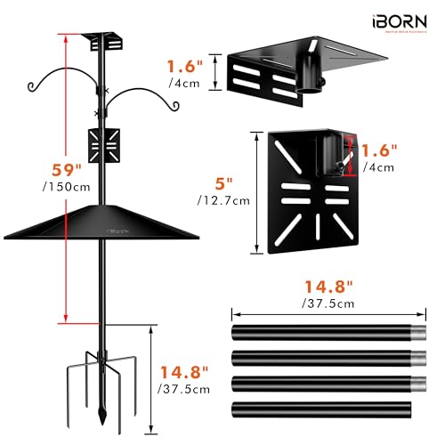 iBorn Smart Bird Feeder Pole with Squirrel Baffle, 63" Camera Bird Feeder Birdhouse Pole & 19.5”Oversized Baffle, Mounting Kit for Camera Feeder Stand for Outside+2Hooks(Feeders NOT Included) - size: Camera Bird Feeder Pole+2 Hooks+19.5" Baffle