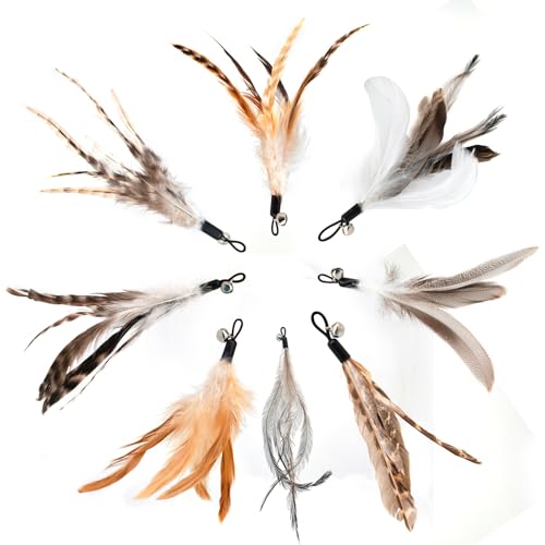 miwoowim 8PCS Natural Unstained Feather Refills for Cat Teaser Wand Toys | Handcrafted, non-toxic attachments with bells. Standard replacement fits most wands easily.interactive kitty teaser heads - color: 8 PCS Feather Refills