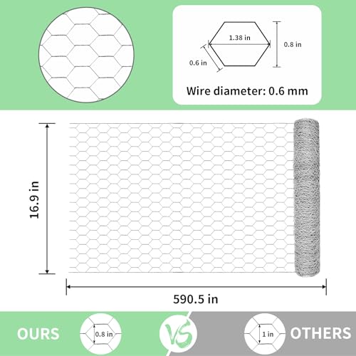 Chicken Wire 16.9 in x 590.5 in Poultry Wire Netting Hexagonal Galvanized Mesh Garden Fence Barrier for Pet Rabbit Chicken Fencing with 100 Pcs Cable Zip Ties - color: Silver, size: 16.9"x590.5"+100Ties