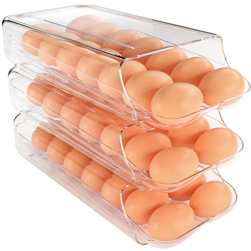 theaoo Egg Holder for Fridge, Automatic Rolling Egg Container, Clear, 3Pack | Quick Removable Inner Tray For Easy Egg Loading. Stackable Egg Dispenser For Refrigerator Storage And Organization - color: Clear, size: Pack of 3