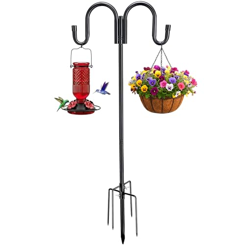 Black Double Shepherds Hook - 67 Inch Adjustable Bird Feeder Pole with 5 Prongs Base - Heavy Duty Rustproof Shepards Hooks for Outdoor Hummingbird Feeder Stand, Solar Lights, Lanterns, Flower Basket