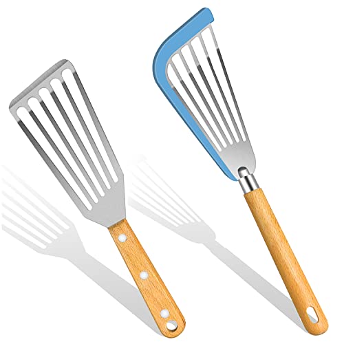 KLAQQED Fish Spatula Set for Nonstick Cookware Flexible Metal Fish Spatula Stainless Steel Small Fish Slotted Spatula Turner with Wood Handle - color: White, Wood