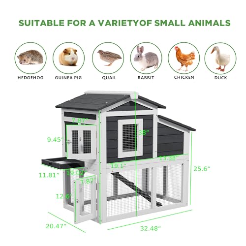 Wooden Rabbit Hutch Indoor,2 Story Bunny House | Openable Asphalt Roof, Removable Tray, Wire Fence, Lockable Doors, Access Ramp, Nesting Box - color: White