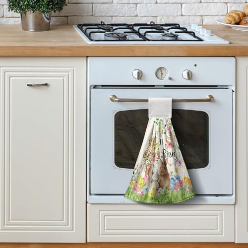2 Pcs Easter Bunny Hanging Hand Towels He is Risen Rabbits Floral Cross Easter Eggs Kitchen Towels with Hanging Loops Spring Holiday Decorative Dish Cloth Kitchen Tie Towels - color: Easter He is Risen Rabbits