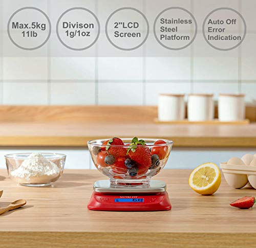 Ultra Slim Food Scale Digital Kitchen Scales Weight Grams Oz Red | Stainless Steel Panel, 1g Increment, Max 11lbs, Backlit Screen, High Precision, Coffee Making, Meal Prep, Include Batteries - color: Red