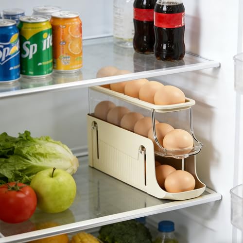 Egg Holder for Fridge, Rolling Egg Holder for Refrigerator, Automatic Egg Dispenser Organizer, Egg Storage Container Rack for Refrigerator Countertop, Space Saving Fridge Organizer （Creamy White） - color: Creamy White